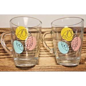 Set Of 2 VEGA LAV 10.25 oz Celebration Of Easter, Colorful Eggs Clear Glass Mugs